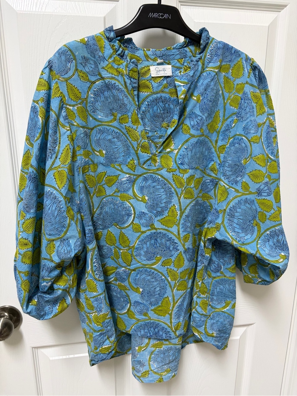 Blue & Green Floral Block Print V-Neck Blouse